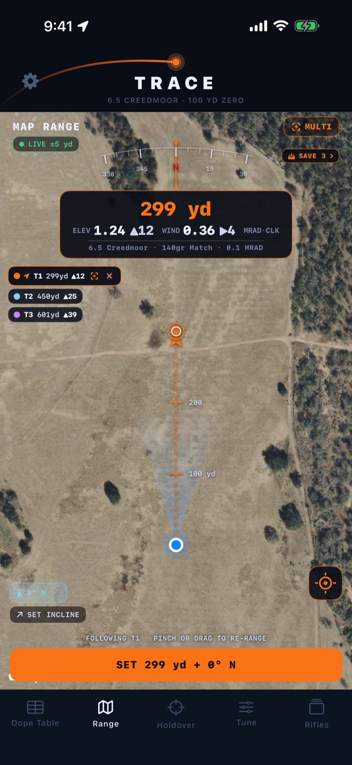 Trace Range tab: satellite imagery following target T1 at 299 yards, a live plus-or-minus 5 yard GPS chip, a shot line with yard ticks, and a T1 to T3 rail