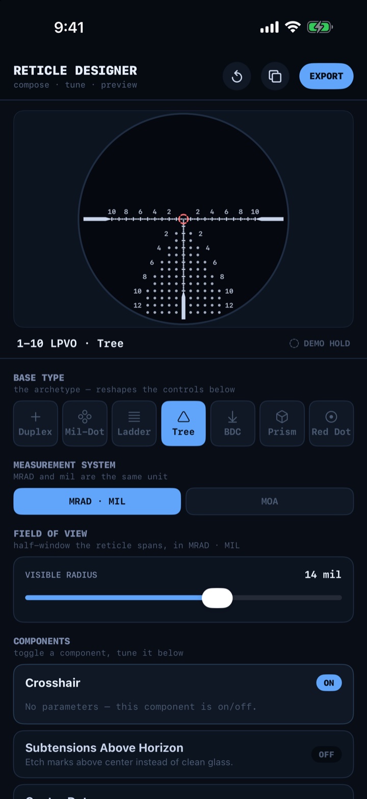Trace Reticle Designer: seven base types with MRAD and MOA subtensions