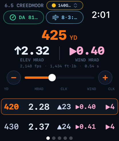 Apple Watch Dope page: 425 yards, elevation 2.32 MRAD, wind 0.40 MRAD, and dope rows