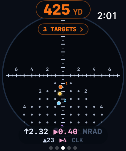 Apple Watch Holdover page: a full-bleed reticle with three numbered target dots