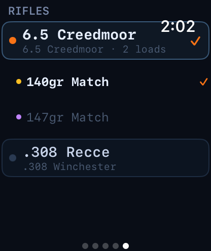 Apple Watch Rifles page: rifle and load switcher